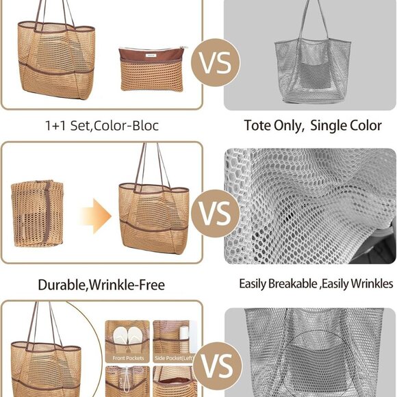 Mesh Beach Tote Bag Lightweight Foldable Large Multiple Pockets for Women - Picture 6 of 7